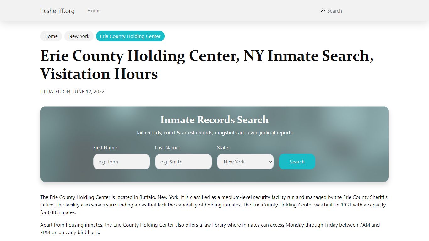 Erie County Holding Center, NY Inmate Search, Visitation Hours